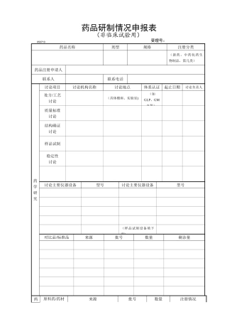药品研制情况申报表