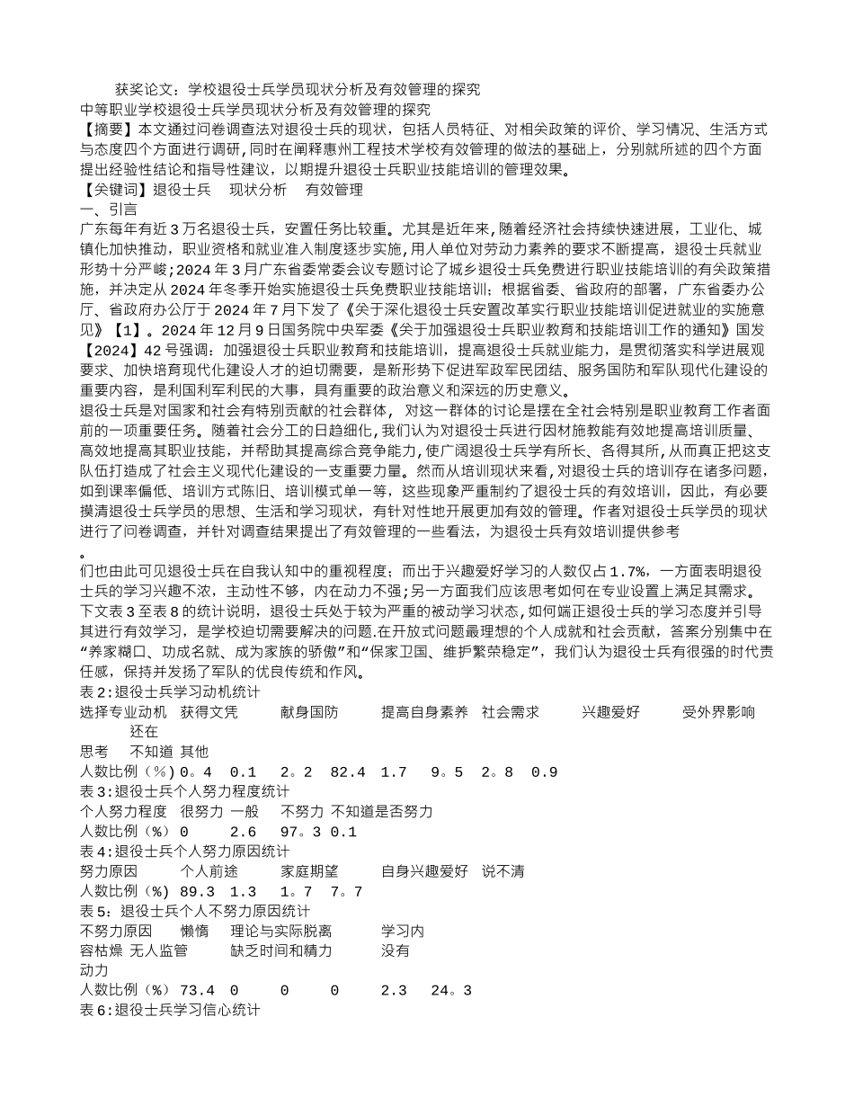 获奖论文：学校退役士兵学员现状分析及有效管理的探索_第1页