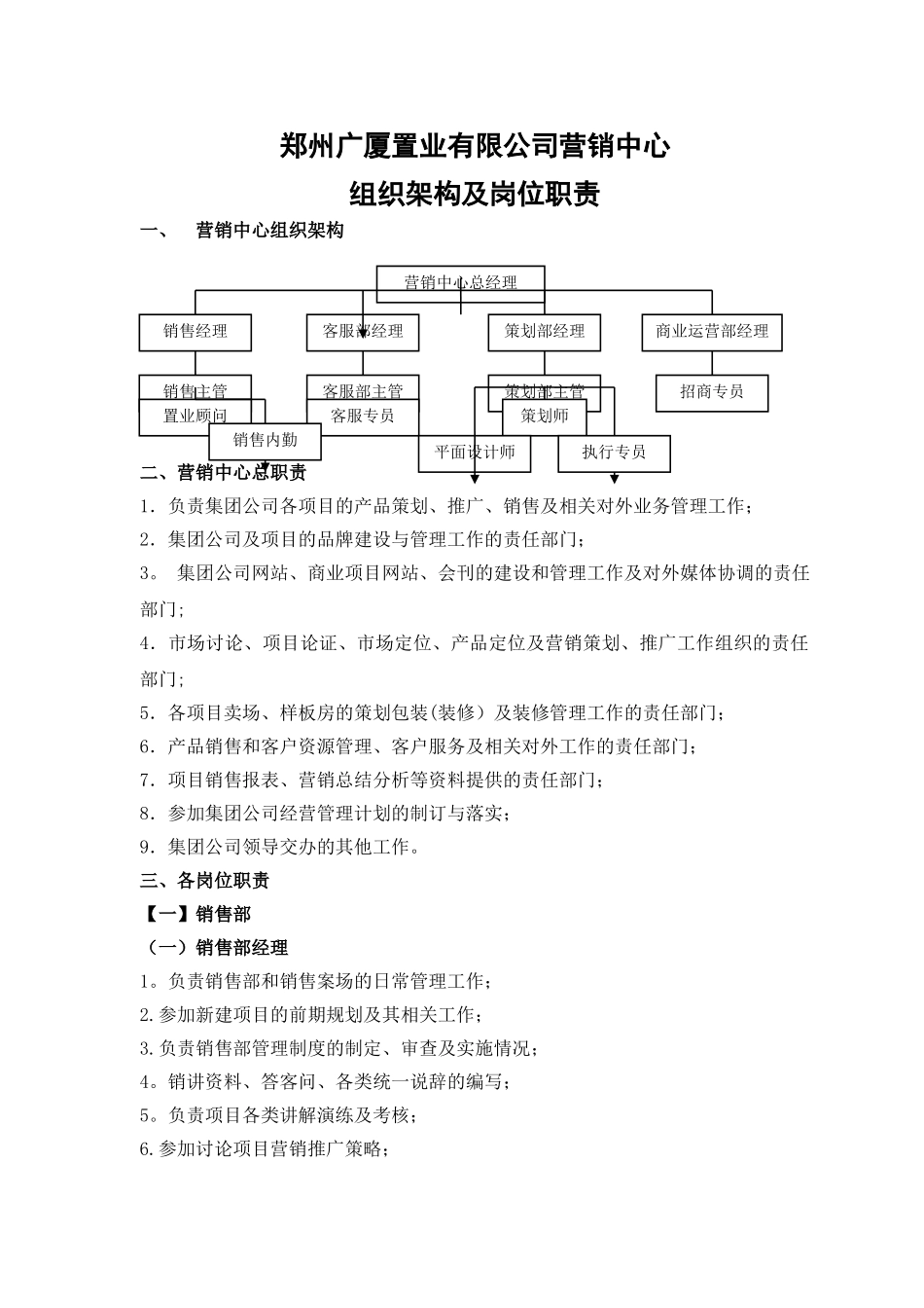 营销中心组织架构及各岗位职责_第1页