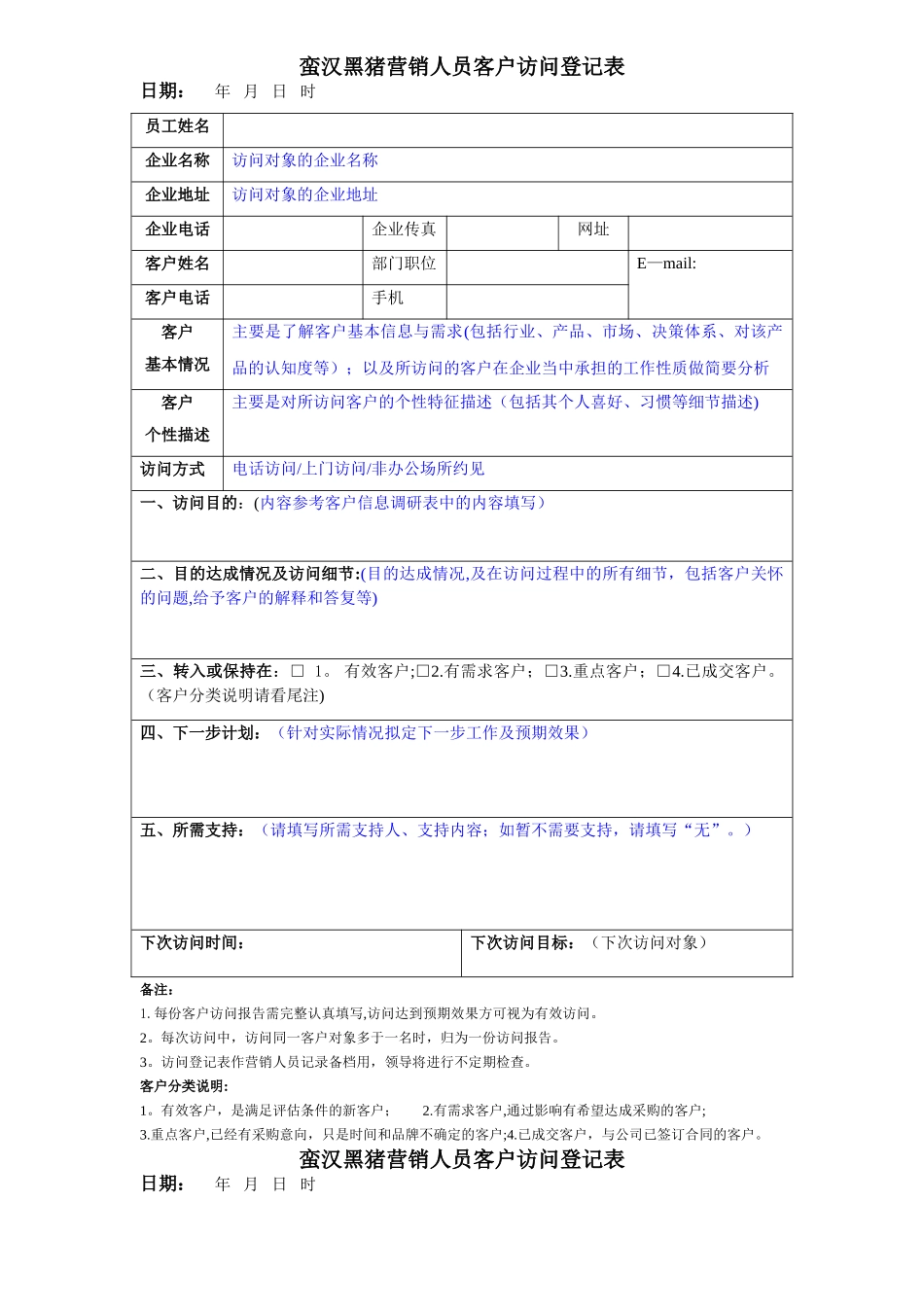 营销人员客户拜访登记表_第1页