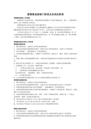 营销策划部部门职责和各岗位职责