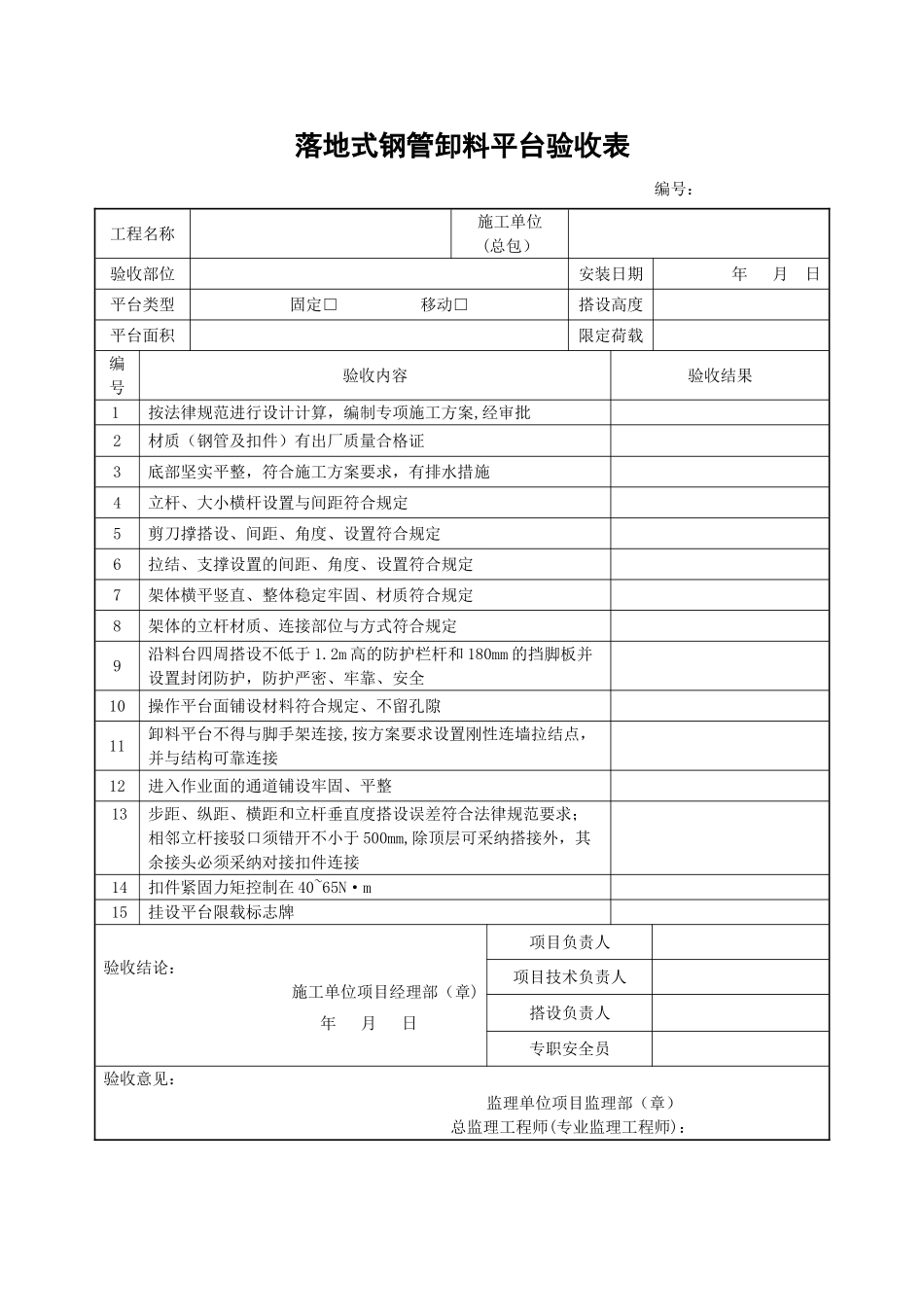 落地式钢管卸料平台验收表_第1页