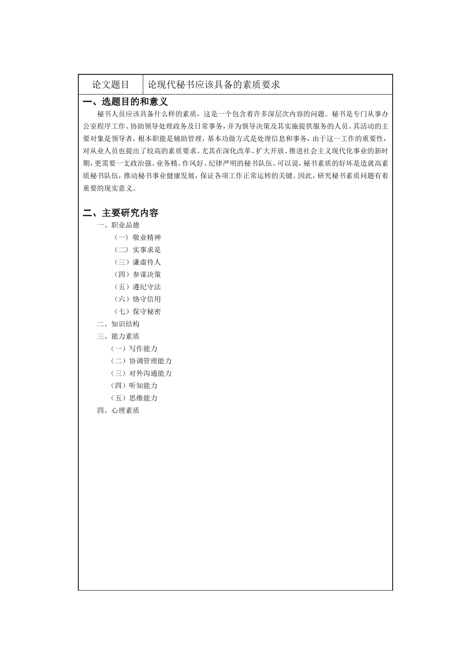 论现代秘书应该具备的素质要求  开题报告 工商管理专业_第1页