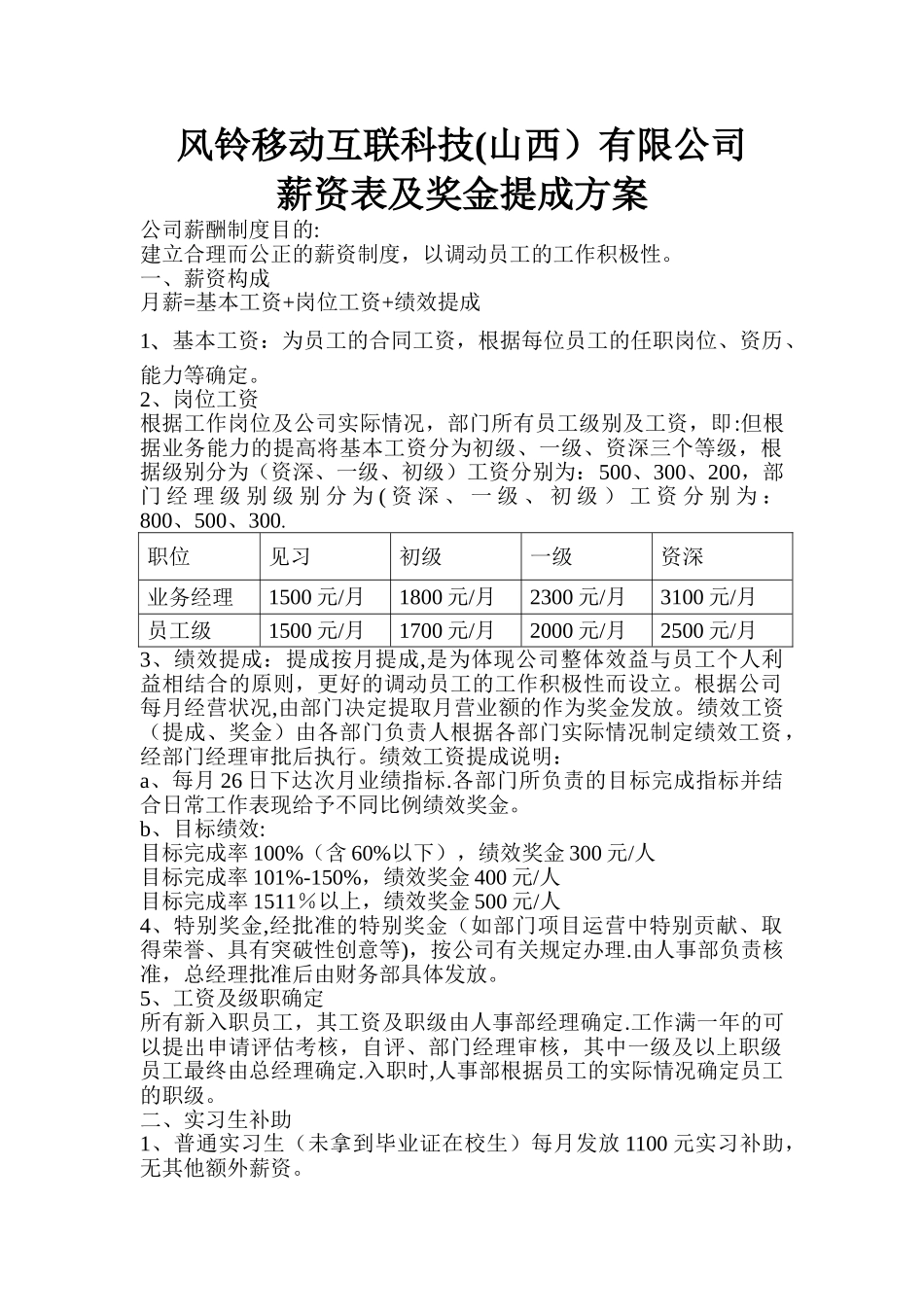 薪资表及奖金提成方案_第1页