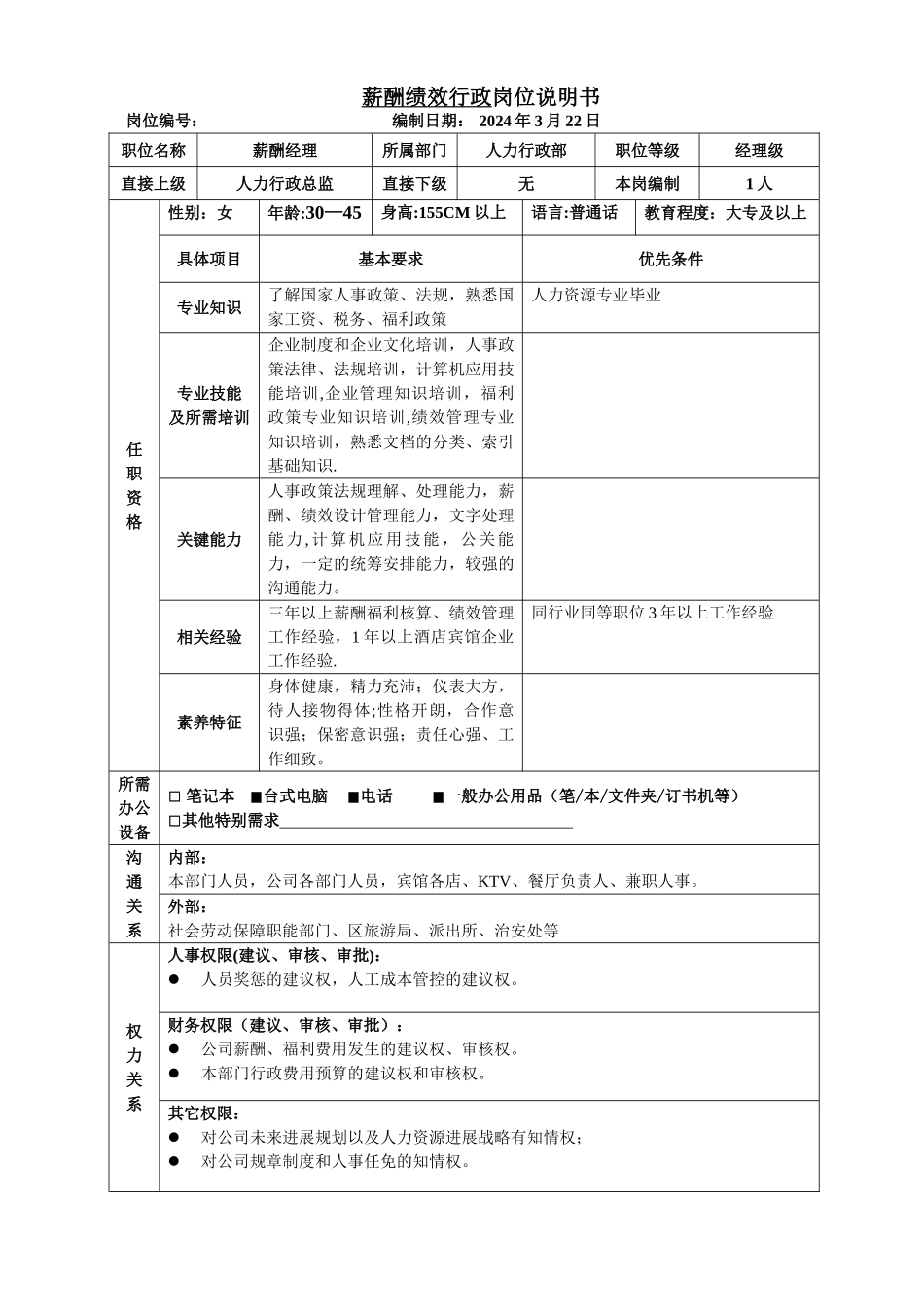 薪酬绩效行政经理岗位说明书_第1页
