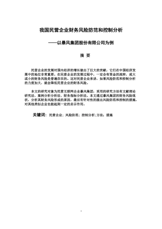 会计学专业 我国民营企业财务风险防范和控制分析 ——以暴风集团股份有限公司为例