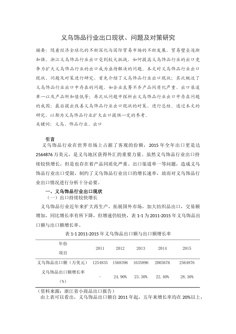 国际经济和贸易专业  义乌饰品行业出口现状、问题及对策研究_第1页