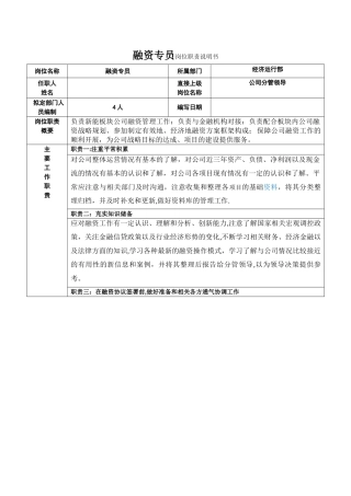 融资岗位职责说明书