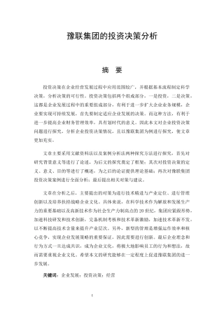 会计学专业  豫联集团的投资决策分析