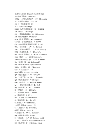 血液生化检查各指标及对应正常值列表