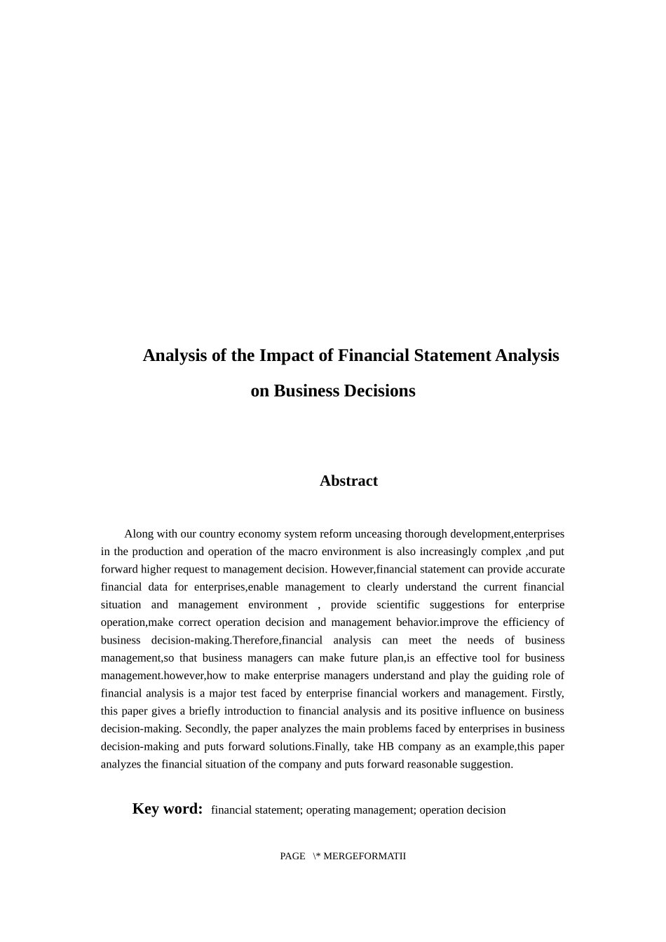 会计财务管理专业 财务报表分析对企业经营决策的影响分析——以HB公司为例_第2页