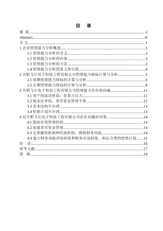 会计财务管理专业 合肥飞石电子科技工程有限公司偿债能力分析