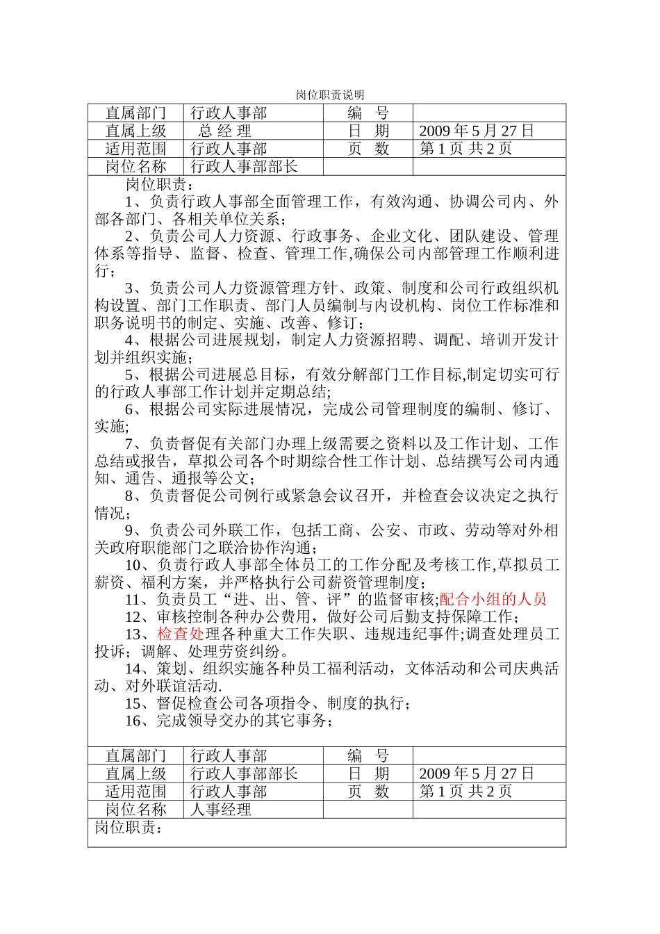 行政人事部各岗位职责说明-_第1页