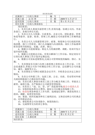 行政人事部各岗位职责说明
