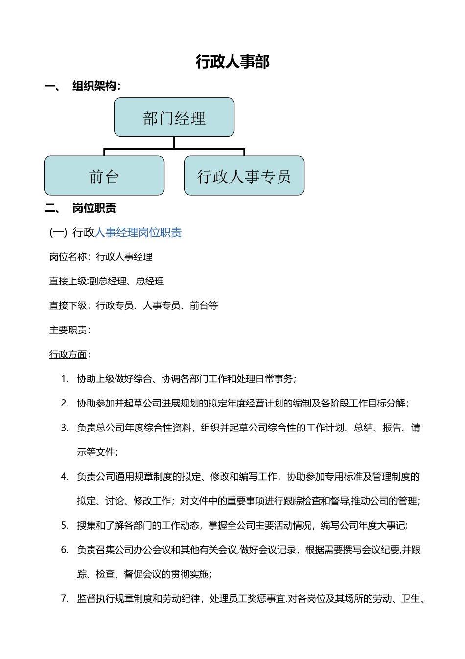 行政人事部架构、岗位职责、工作流程_第1页
