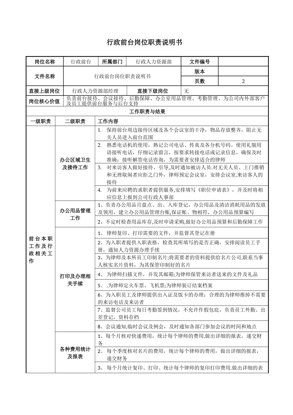行政前台岗位职责说明书_第1页