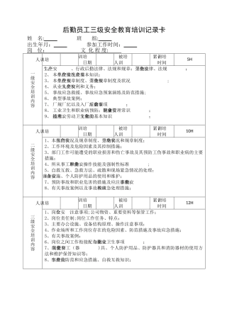 行政后勤人员-三级安全教育培训记录卡