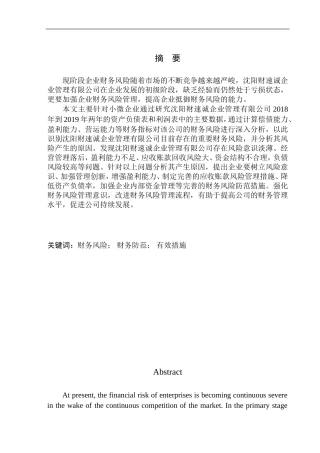 会计财务管理专业 沈阳财速诚企业管理有限公司财务风险与防范研究