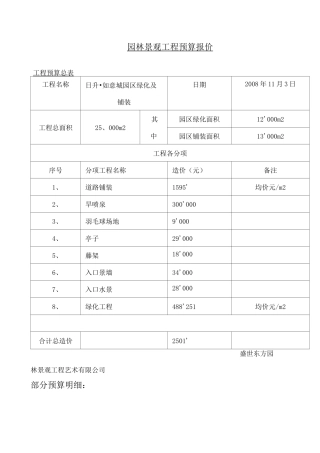 园林景观工程预算报价范本