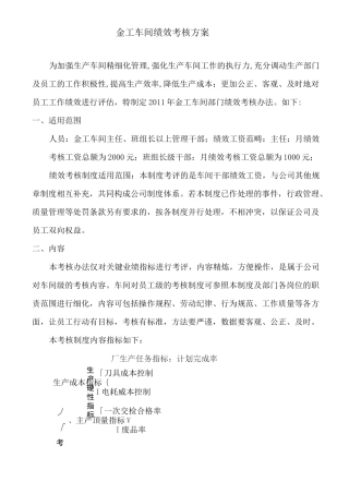 传统机械切削加工行业车间绩效考核方案