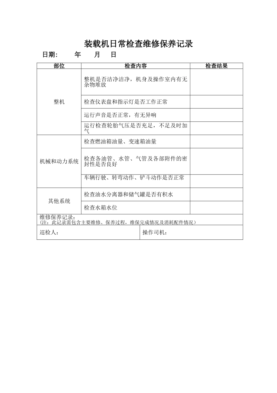 装载机日常检查维修保养记录_第1页
