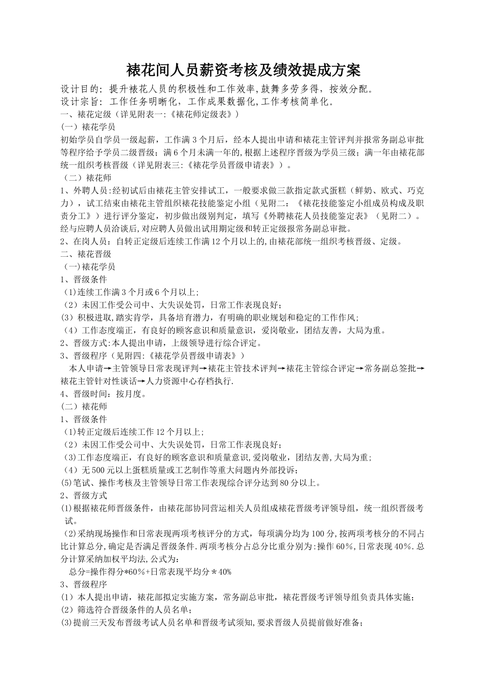 裱花间人员薪资考核及绩效提成方案_第1页