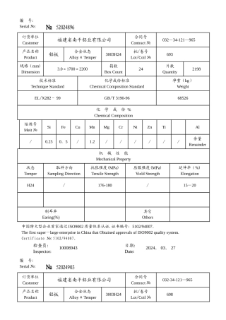 西南铝业质量证明书