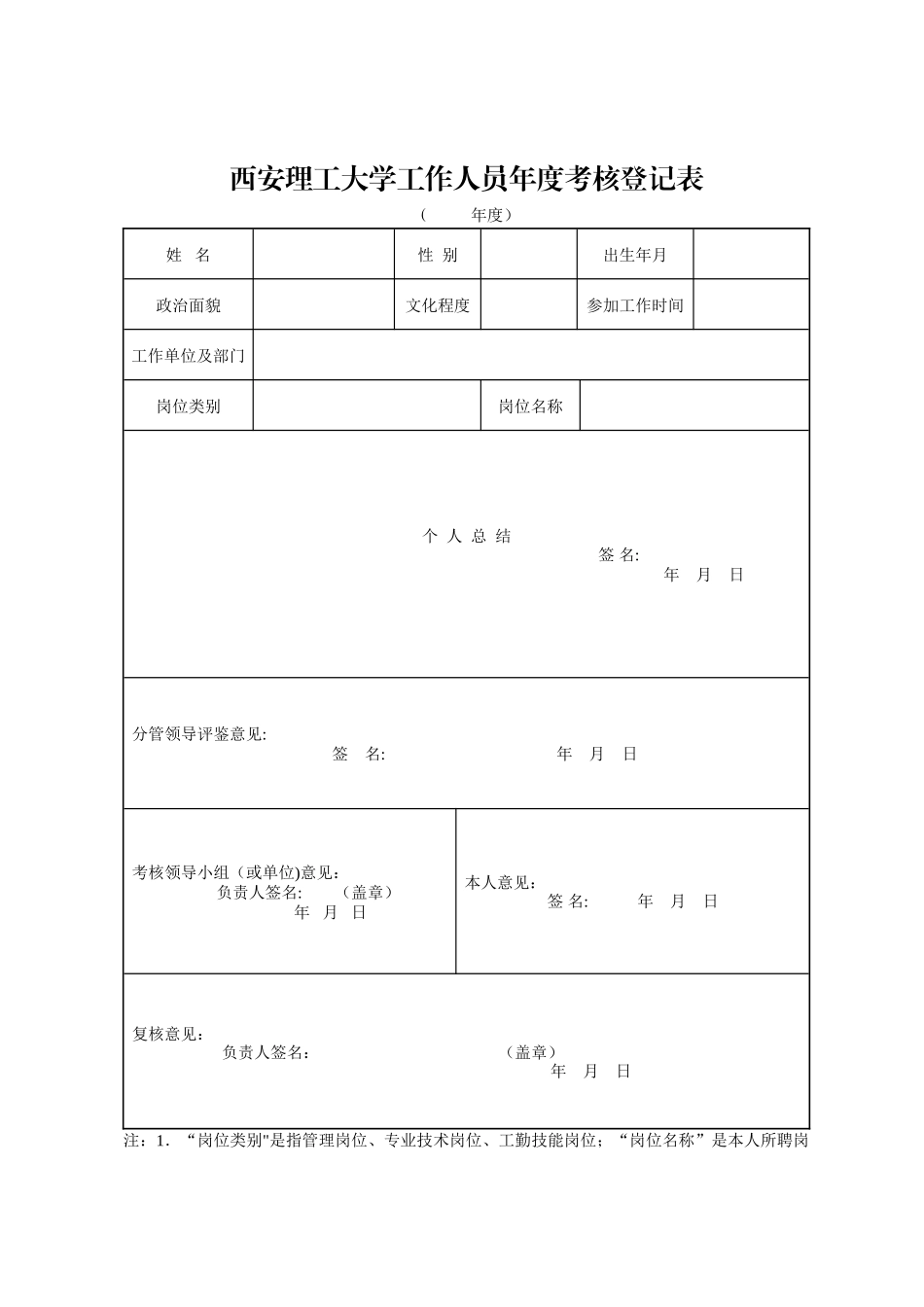 西安理工大学工作人员考核登记表_第1页