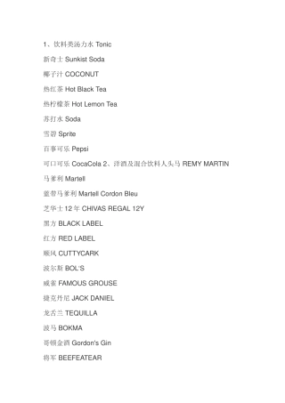 西餐常用著名酒水饮料的中英文对照