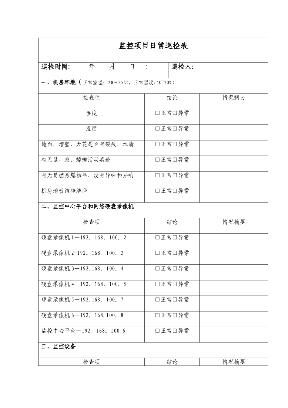 视频监控项目日常巡检表_第1页