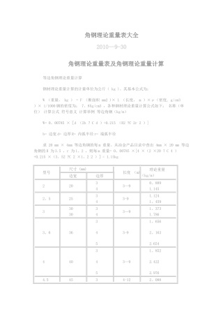 角钢理论重量表