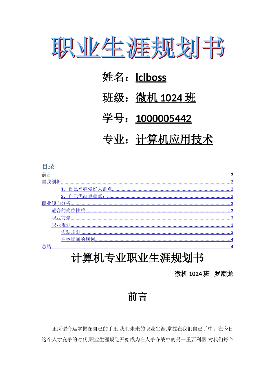 计算机专业职业生涯规划书13005_第1页