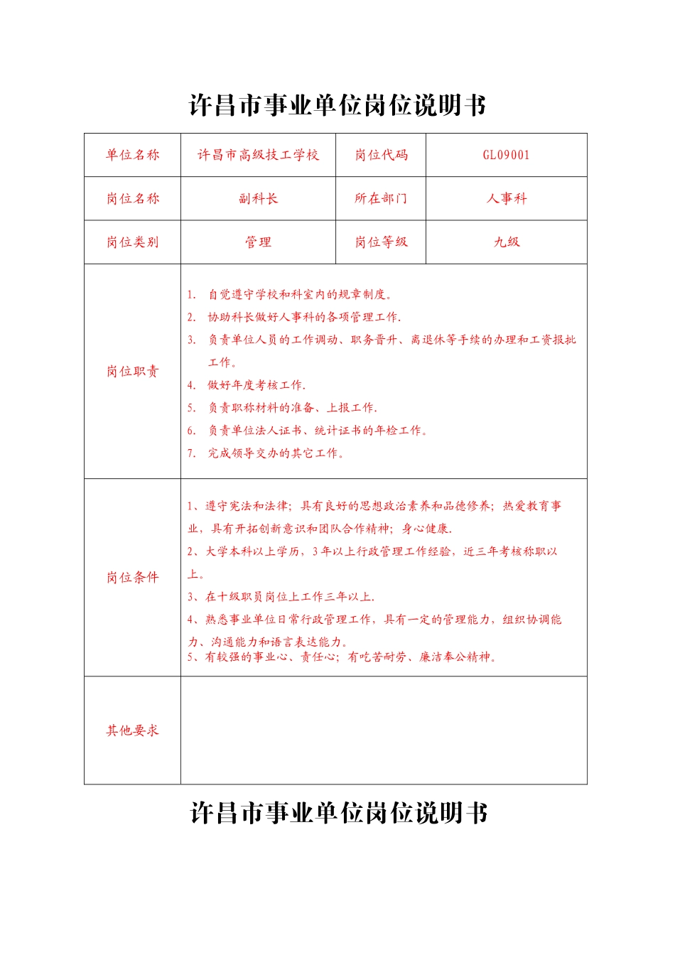 许昌市事业单位岗位说明书_第2页