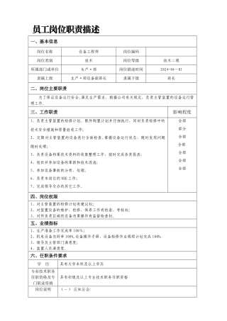 设备工程师岗位责任描述