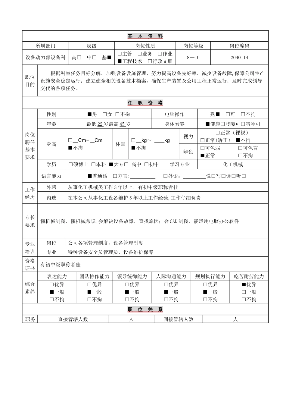 设备技术员岗位说明书_第1页