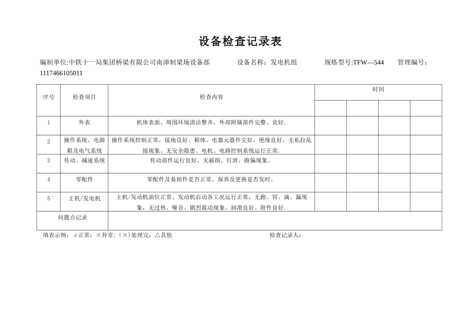 设备检查记录表(每台设备对应一个表格)_第1页