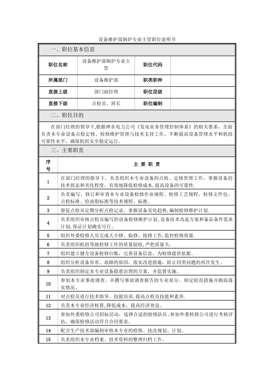 设备维护部锅炉专业主管职位说明书_第1页