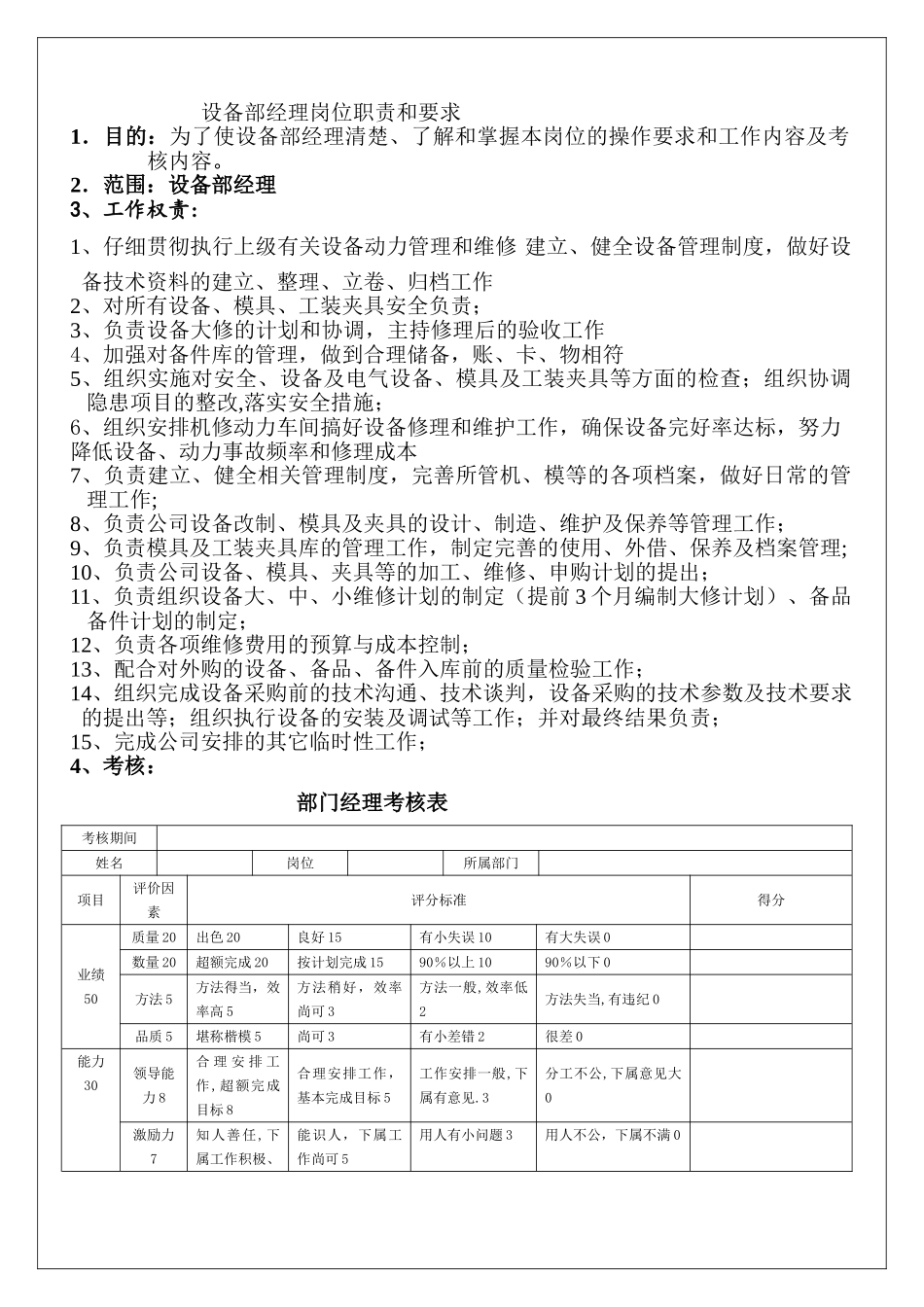 设备部经理岗位职责和要求--考核表_第1页