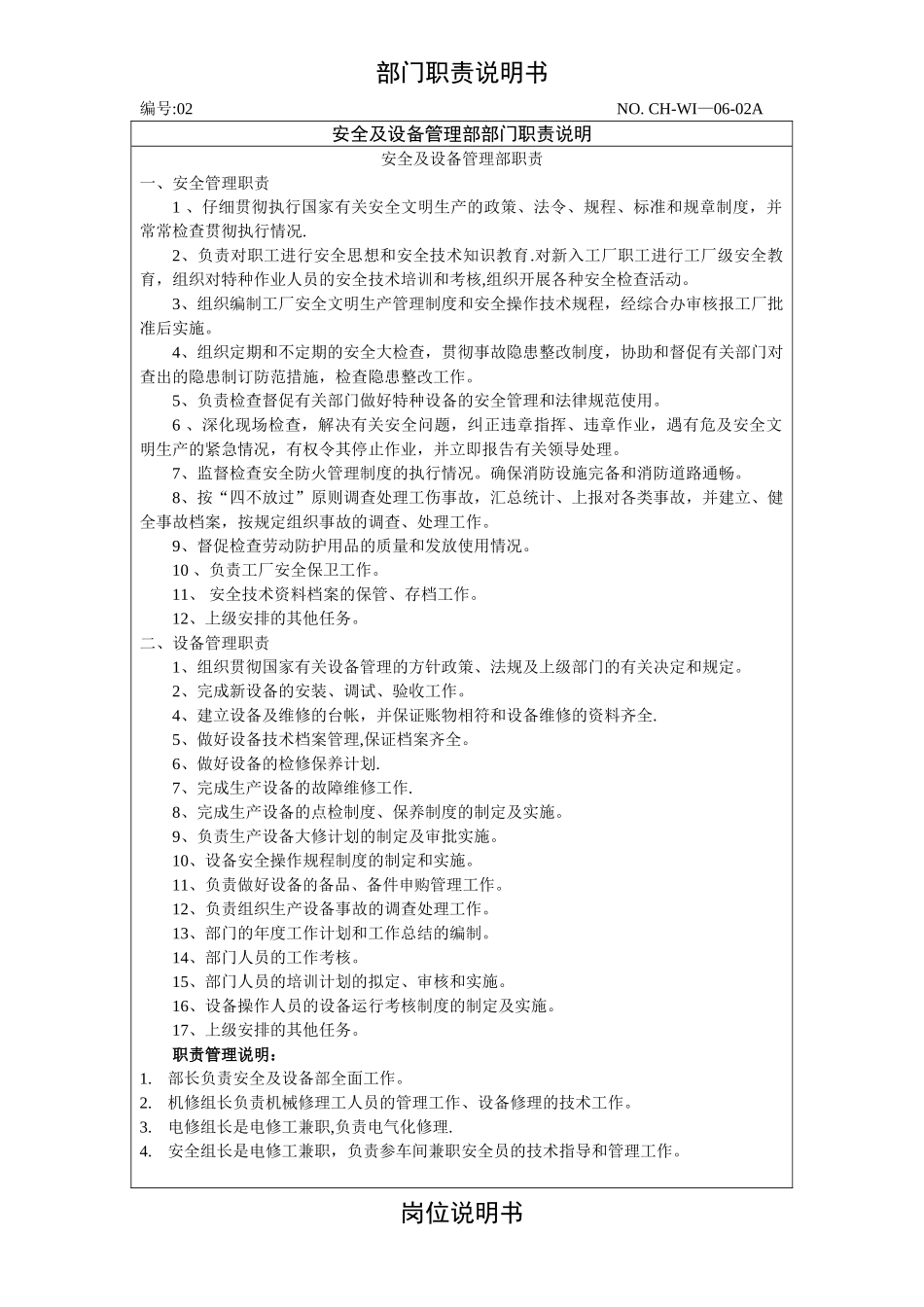 设备部部门岗位说明书_第1页