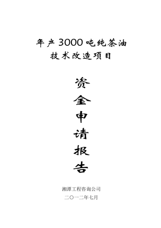 00年产3000纯茶油技术改造项目资金申请报告