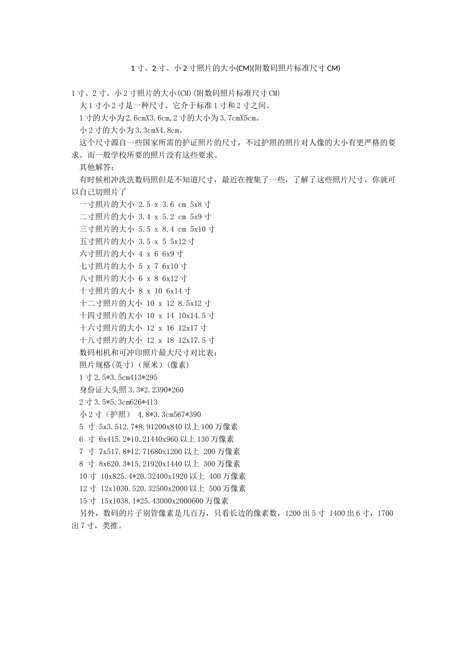 1寸2寸小2寸照片的大小(附数码照片标准尺寸CM)_第1页