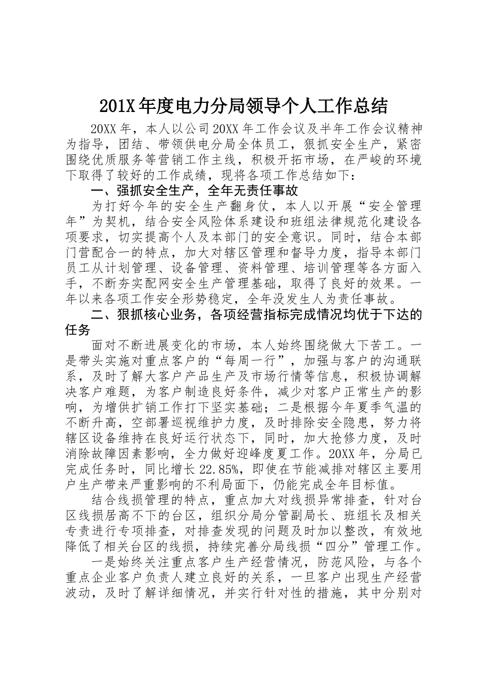 201X年度电力分局领导个人工作总结_第1页