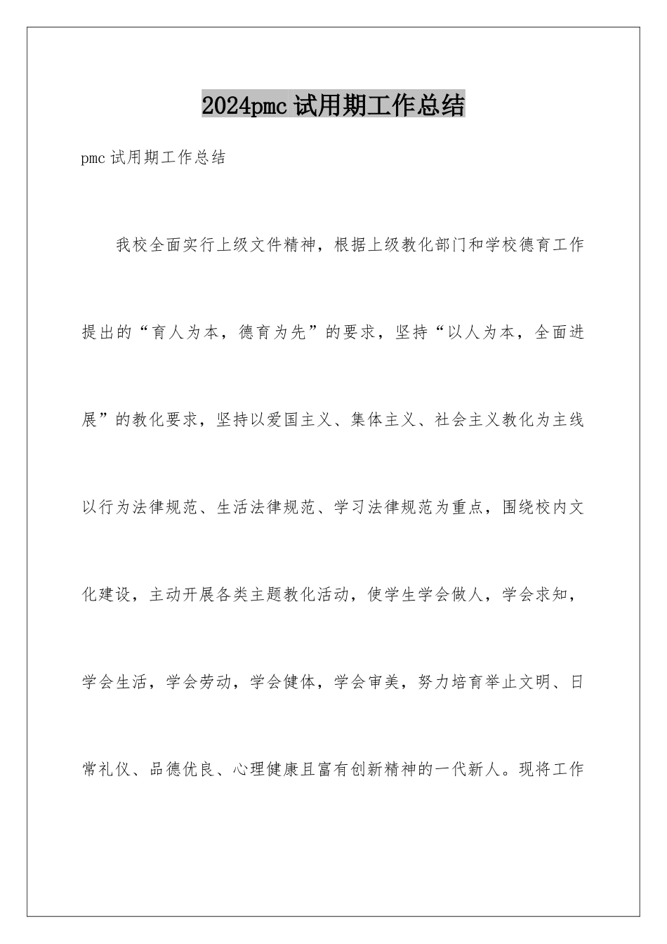 2024pmc试用期工作总结_第1页