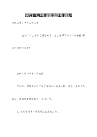 2024出纳工作下半年工作计划