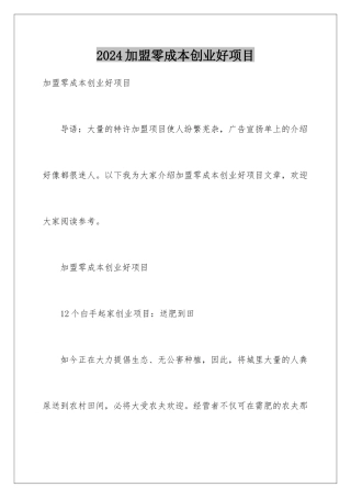 2024加盟零成本创业好项目