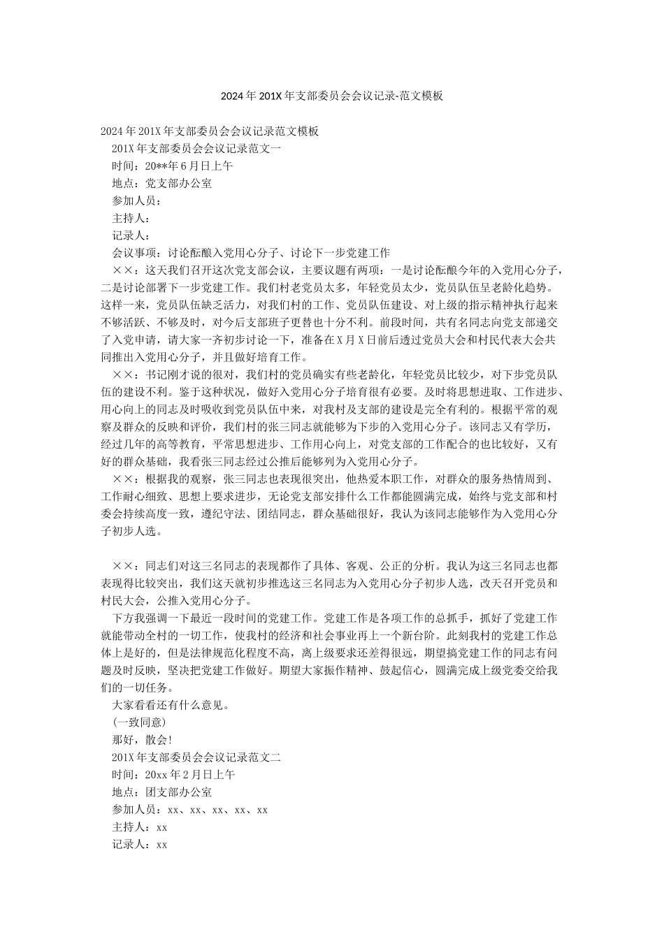 2024年201X年支部委员会会议记录-范文模板_第1页