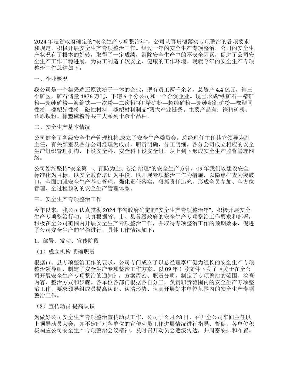 2024年xx公司安全生产专项整治工作总结_第1页