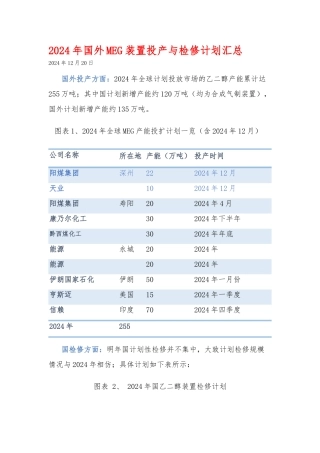 2024年国内外MEG装置投产及检修计划汇总