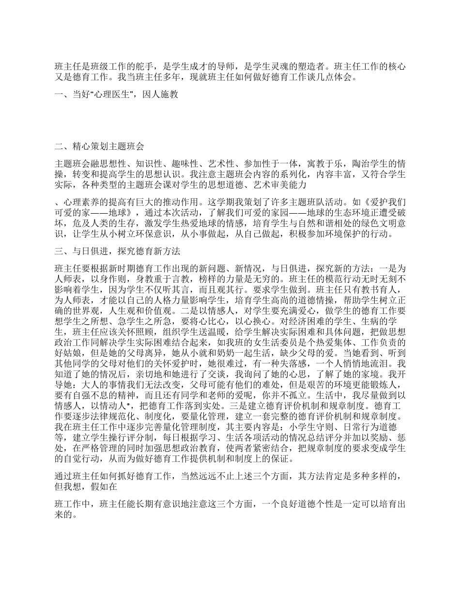 2024年小学班主任德育工作总结_第1页