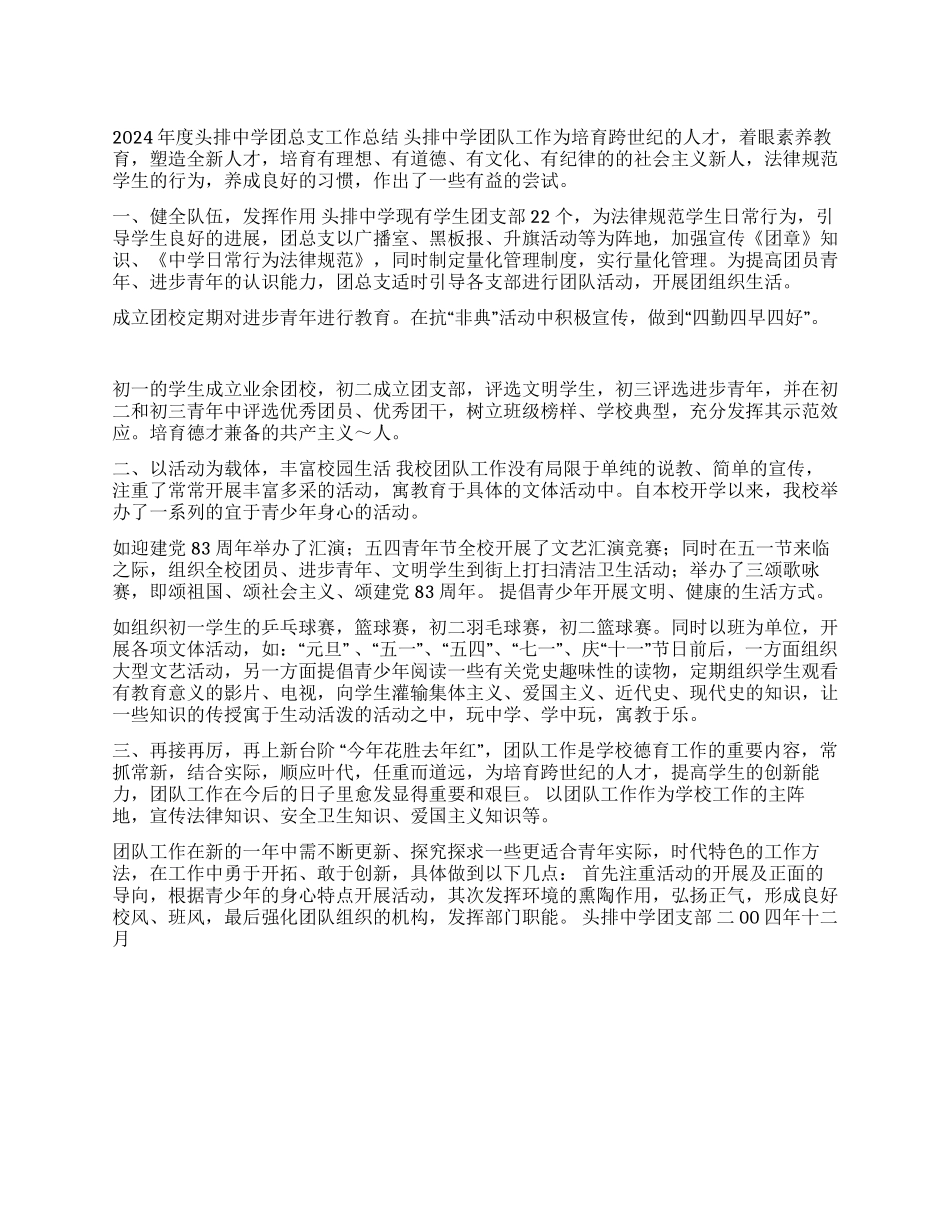 2024年度头排中学团总支工作总结_第1页